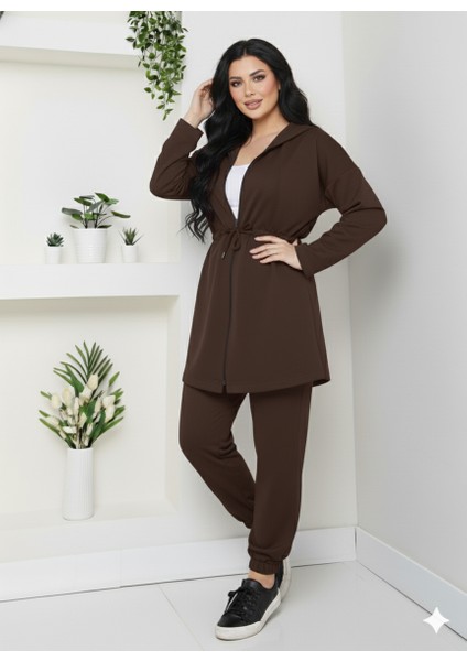 Büyük Beden Modal Kumaş Bağlama Detay Fermuarlı Kapüşonlu Eşofman Takımı