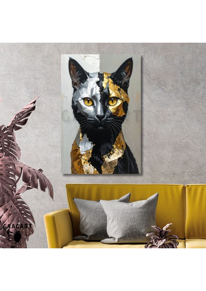 Tekli Dikey Kanvas Tablo Sanatsal Gold Gümüş Siyah Kedi