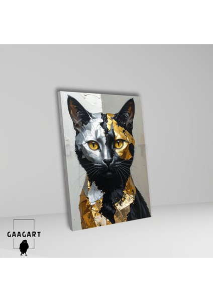 Tekli Dikey Kanvas Tablo Sanatsal Gold Gümüş Siyah Kedi fiyatları