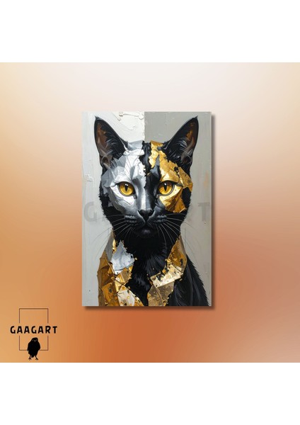 Tekli Dikey Kanvas Tablo Sanatsal Gold Gümüş Siyah Kedi modelleri