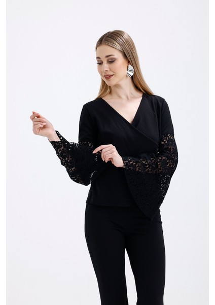 Kruvaze Yaka Kollar Tül ve Volanlı Omzu Acık Bluz | BLZ31446 modelleri