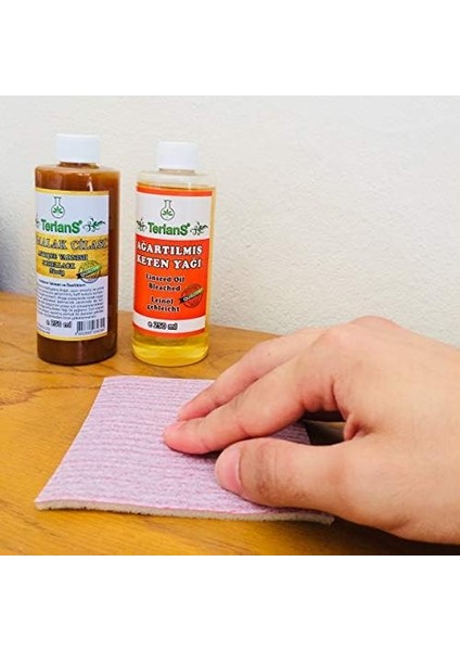 Terlans Doğal Ahşap Cila Seti Gomalak + Keten Yağı + Sürme Topu + Süngerli Zımpara