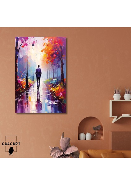 Tekli Dikey Kanvas Tablo Yağmurda Parkta Yürüyen Yalnız Adam