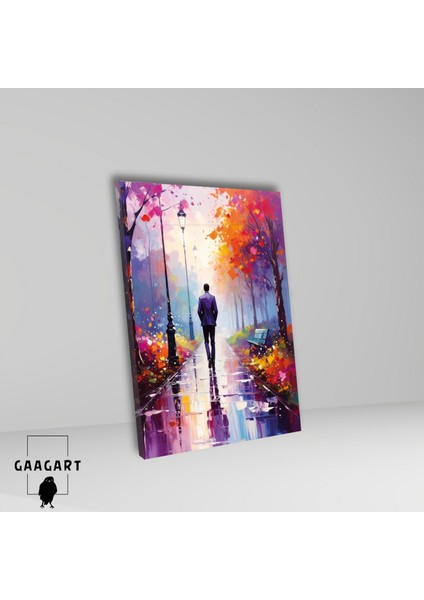Tekli Dikey Kanvas Tablo Yağmurda Parkta Yürüyen Yalnız Adam fiyatları