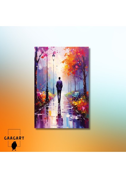 Tekli Dikey Kanvas Tablo Yağmurda Parkta Yürüyen Yalnız Adam modelleri
