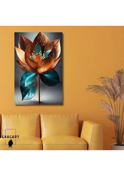 Tekli Dikey Kanvas Tablo Bakır Turkuaz Lotus Çiçeği