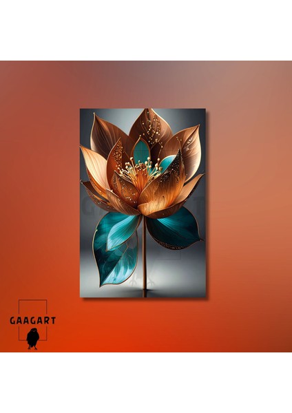 Tekli Dikey Kanvas Tablo Bakır Turkuaz Lotus Çiçeği modelleri