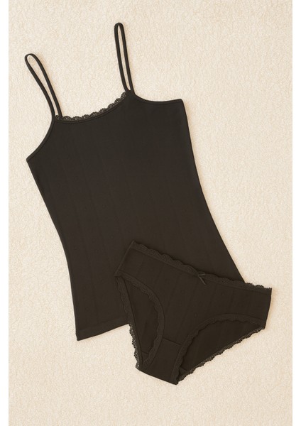 %100 Pamuklu Kalp Desen Dantelli Siyah Ip Askılı & Bikini Külot 2'li Takım LL.IL22.KE94.001 fiyatları