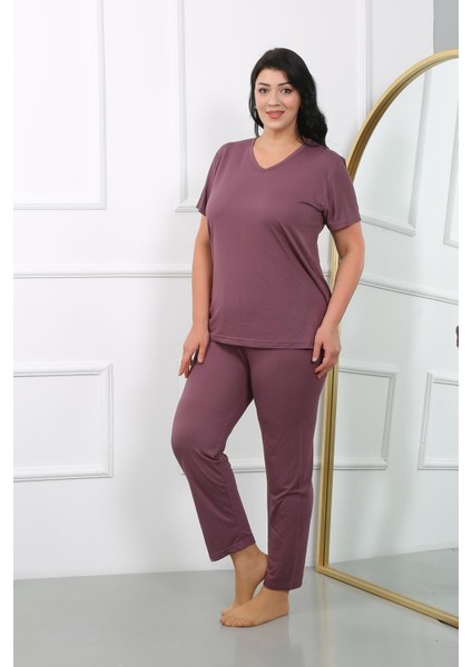 Kadın Büyük Beden Kısa Kol Penye Pijama Takımı Mürdüm modelleri