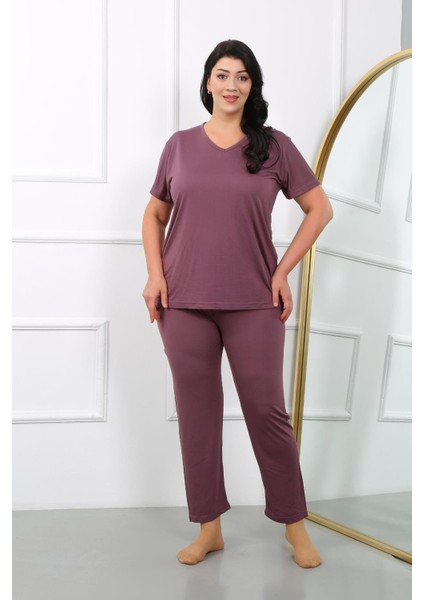 Kadın Büyük Beden Kısa Kol Penye Pijama Takımı Mürdüm indirimleri