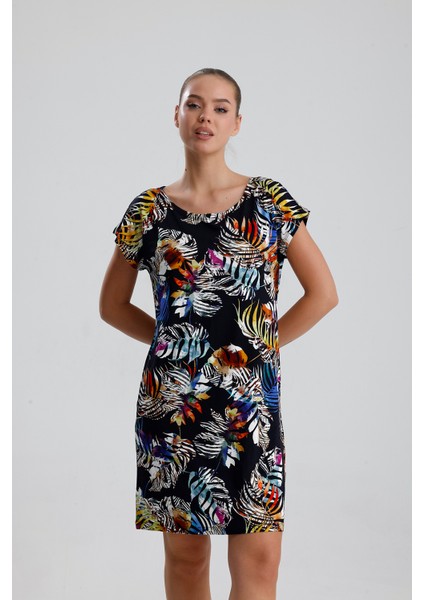 Likralı Viskon Mini Viskon Elbise | BLZ36387 Sarı Saks Çiçekli