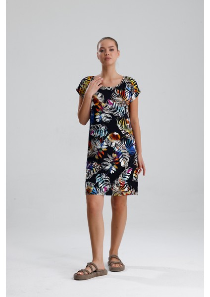 Likralı Viskon Mini Viskon Elbise | BLZ36387 Sarı Saks Çiçekli