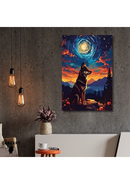 Tekli Dikey Kanvas Tablo Çiçekli Manzara ve Kurt