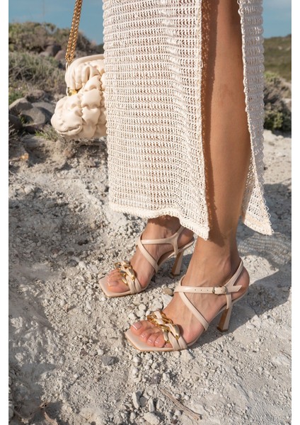 Camilw Kadin Bej Topuklu Zincir Detay Topuklu Ayakkabi indirimleri