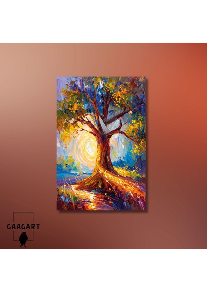 Tekli Dikey Kanvas Tablo Yağlı Boya Görünümlü Renkli Ağaç modelleri