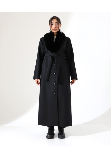 Kadın Şal Yaka Kürk Detay Uzun Büyük Beden Kaşe Kaban