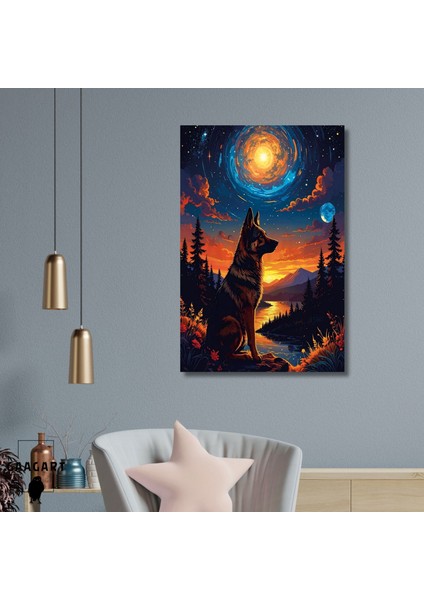 Tekli Dikey Kanvas Tablo Gün Batımı ve Gece Dolunayda Kurt