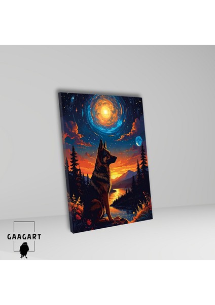 Tekli Dikey Kanvas Tablo Gün Batımı ve Gece Dolunayda Kurt fiyatları