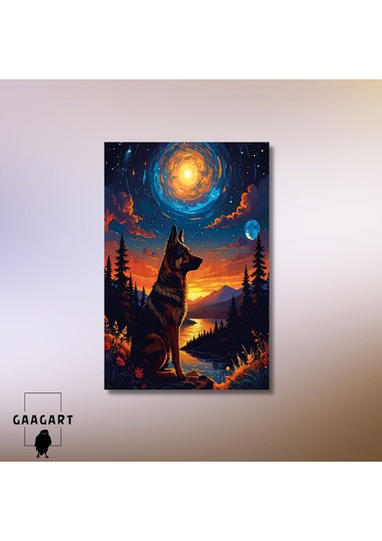 Tekli Dikey Kanvas Tablo Gün Batımı ve Gece Dolunayda Kurt modelleri