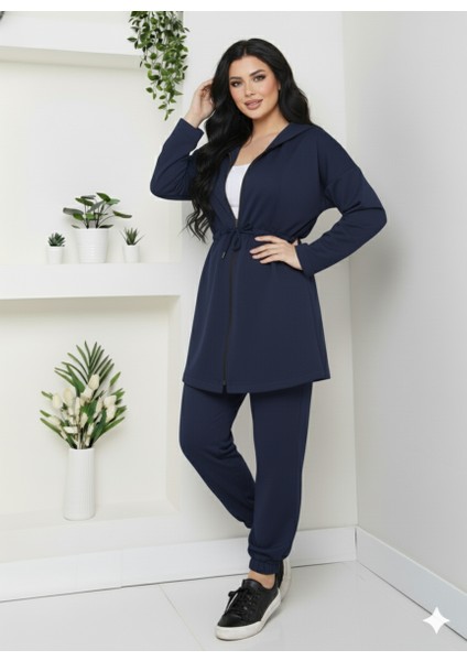 Büyük Beden Modal Kumaş Bağlama Detay Fermuarlı Kapüşonlu Eşofman Takımı