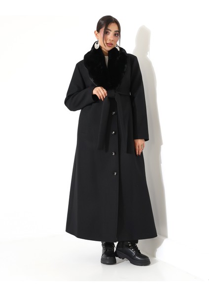 Kadın Şal Yaka Kürk Detay Uzun Büyük Beden Kaşe Kaban