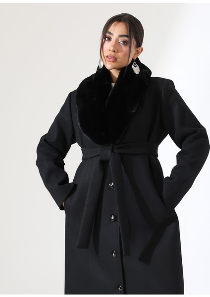 Kadın Şal Yaka Kürk Detay Uzun Büyük Beden Kaşe Kaban