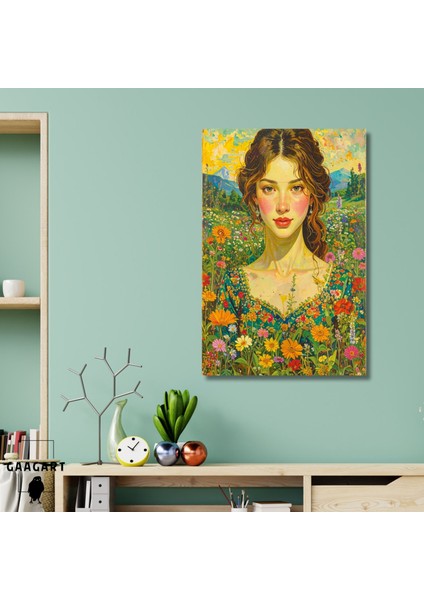 Tekli Dikey Kanvas Tablo Çiçekli Bahçe ve Masum Kız
