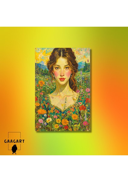 Tekli Dikey Kanvas Tablo Çiçekli Bahçe ve Masum Kız modelleri
