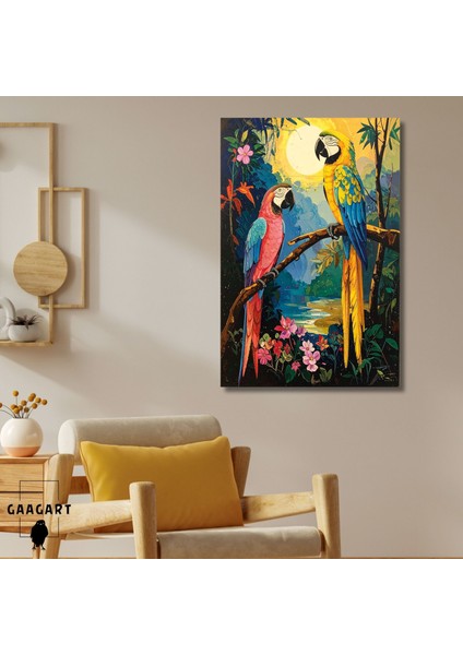 Tekli Dikey Kanvas Tablo Ağaç Dalında Iki Papağan Pembe ve Sarı