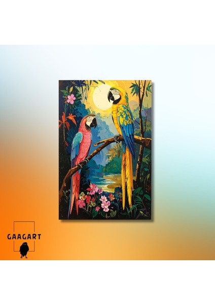 Tekli Dikey Kanvas Tablo Ağaç Dalında Iki Papağan Pembe ve Sarı modelleri