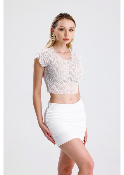Pis Dikişli Dantel Crop Bluz | BUST36335