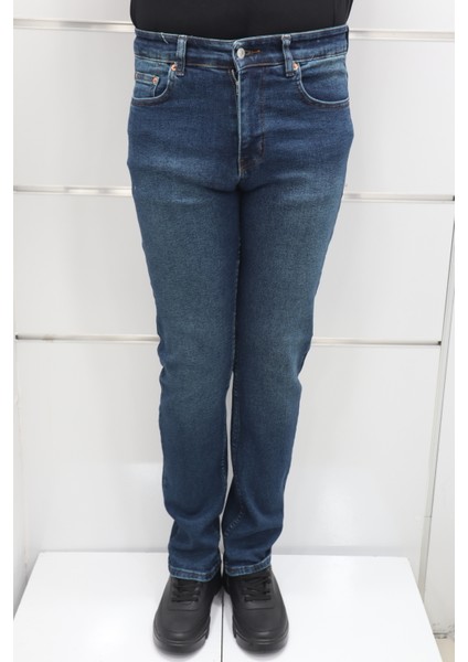 Fistan Store Erkek Koyu Mavi Yüksek Bel Rahat Kesim Boru Paça Jean Pantolon