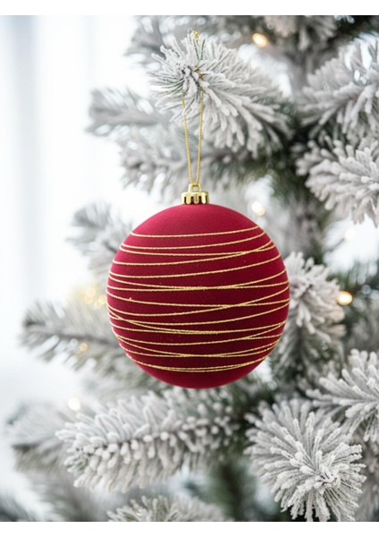 Kadife Yılbaşı Topu – Altın Simli Çam Ağacı Süsü Bordo 15 cm
