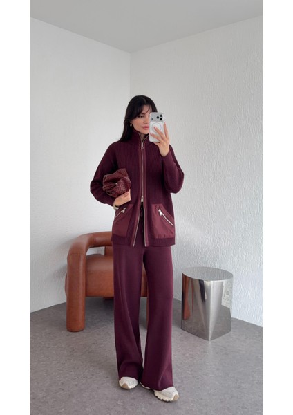 Paraşüt Garnili Premium Mürdüm Triko Takım