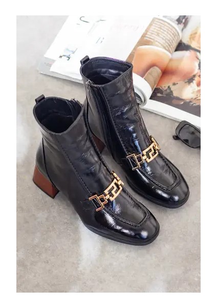 25KB-8270 Siyah Hakiki Deri Kadın Topuklu Bot