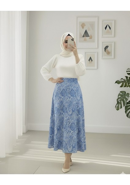 Beli Lastikli Etnik Desen Kloş Etek