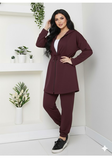 Büyük Beden Modal Kumaş Bağlama Detay Fermuarlı Kapüşonlu Eşofman Takımı