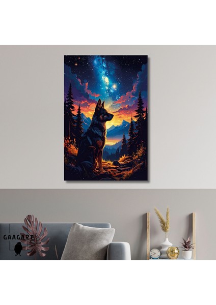 Tekli Dikey Kanvas Tablo Yıldızlar ve Manzarada Kurt