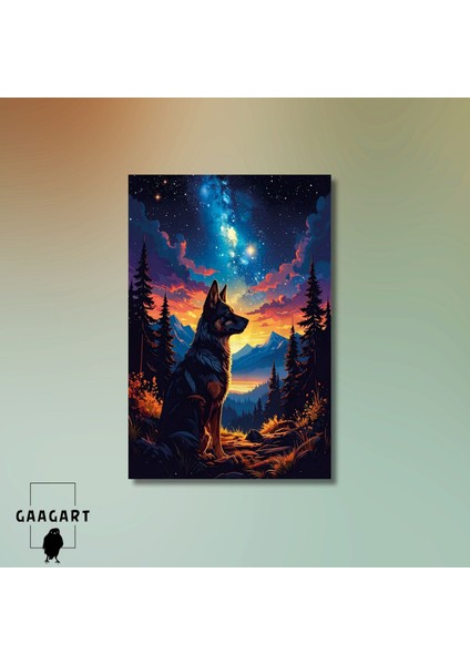 Tekli Dikey Kanvas Tablo Yıldızlar ve Manzarada Kurt modelleri