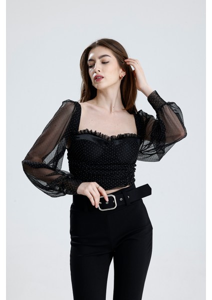 Arkası Fermuarlı Gloplu U.kol Lastik Büzgülü Tül Bluz | BLZ33864 fiyatları