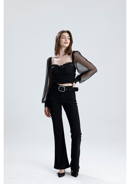 Arkası Fermuarlı Gloplu U.kol Lastik Büzgülü Tül Bluz | BLZ33864 modelleri