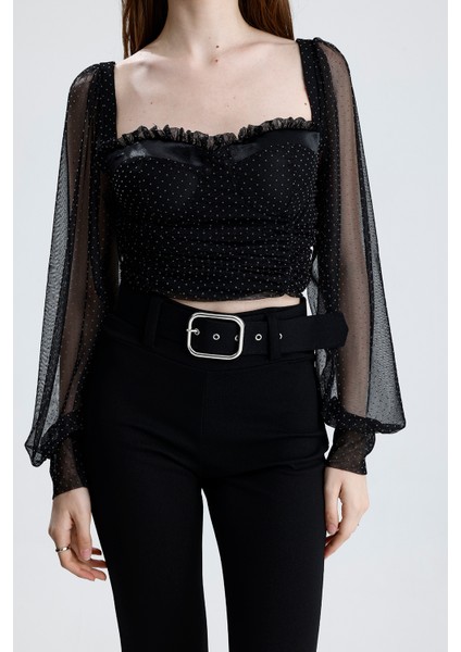 Arkası Fermuarlı Gloplu U.kol Lastik Büzgülü Tül Bluz | BLZ33864 fırsatları