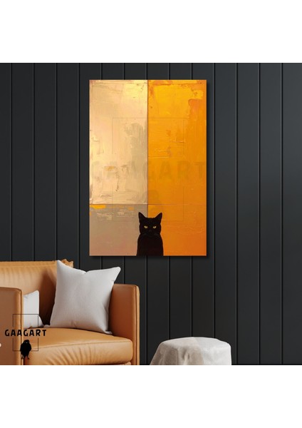 Tekli Dikey Kanvas Tablo Soyut Sanatsal Turuncu ve Kara Kedi