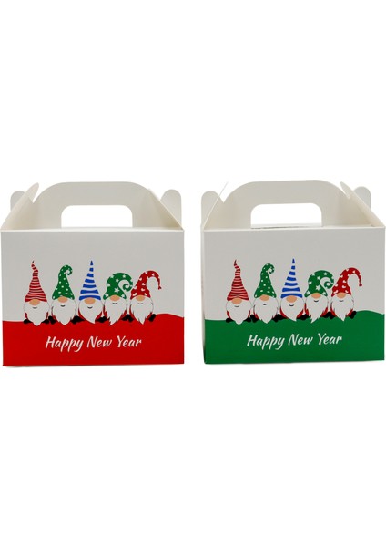 Yılbaşı Temalı 10X14 cm Karton Hediye Kutusu 2 Adet - Mutlu Yıllar ve Happy New Year Kırmızı-Yeşil modelleri