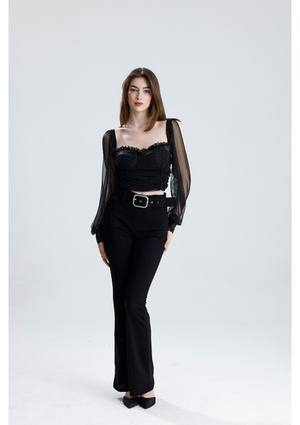 Arkası Fermuarlı Gloplu U.kol Lastik Büzgülü Tül Bluz | BLZ33864