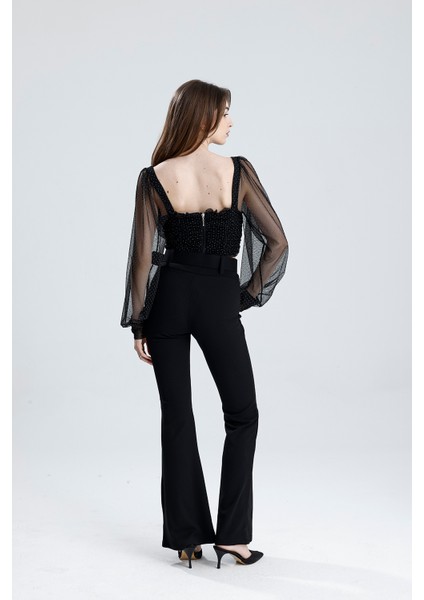 Arkası Fermuarlı Gloplu U.kol Lastik Büzgülü Tül Bluz | BLZ33864