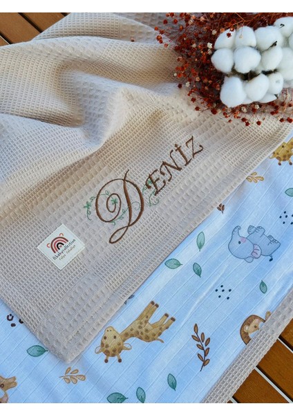 Ftbabycollection Çift Taraflı Kişiye Özel Isim Nakışlı Waffle Pike & Müslin Bebek BATTANIYESI 90X100 CM