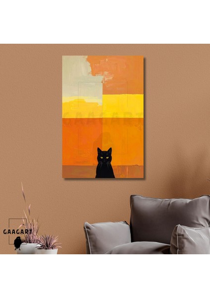 Tekli Dikey Kanvas Tablo Soyut Sanatsal Turuncu ve Siyah Kedi