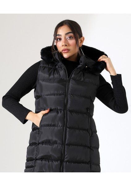 Kadın Kürk Detay Kapitone Şişme Yelek