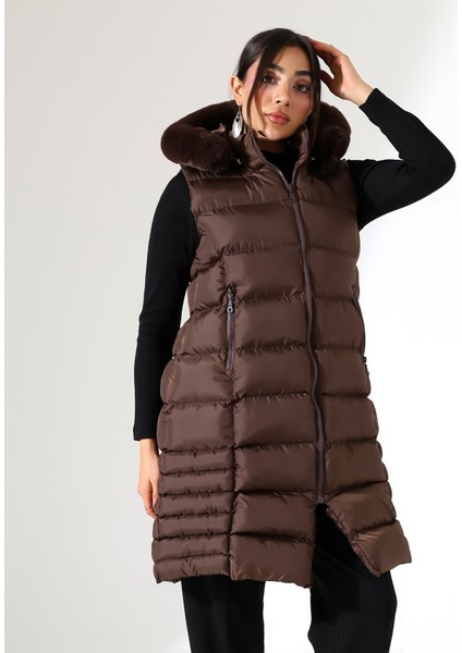 Kadın Kürk Detay Kapitone Şişme Yelek